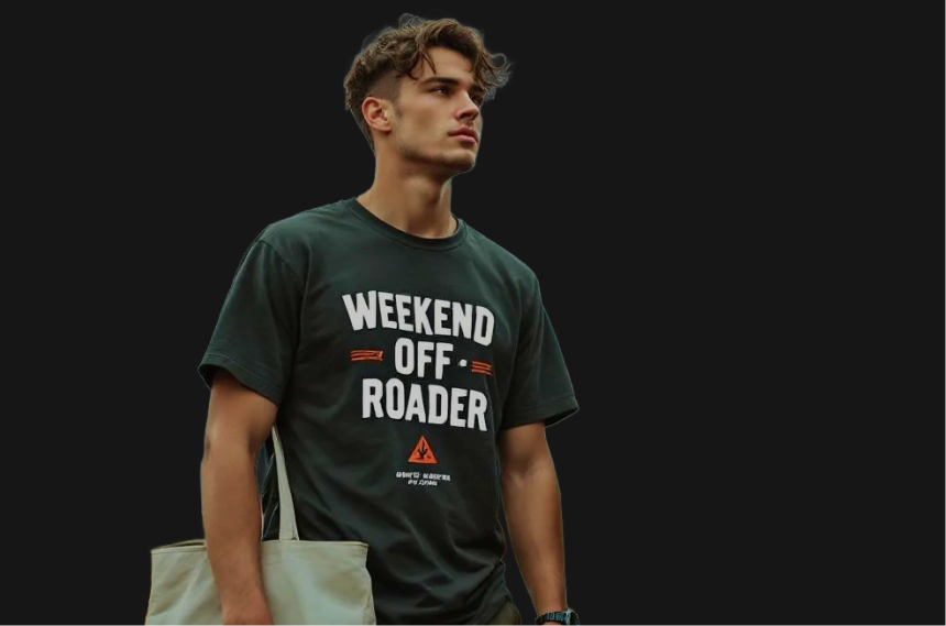 Man wearing a t-shirt with 'Weekend Off Roader' text on a dark background