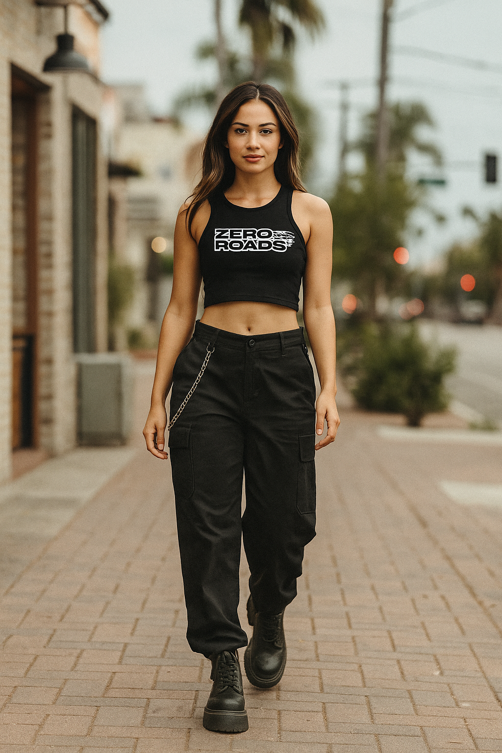 Woman wearing a black crop top and pants on a sidewalk with palm trees in the background